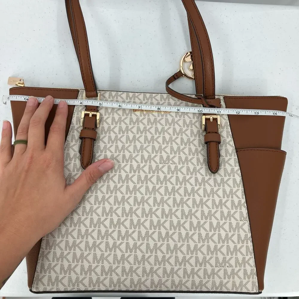 Michael Kors Cream Brown Vanilla Gold Monogram Charlotte Large TZ Tote Bag Purse